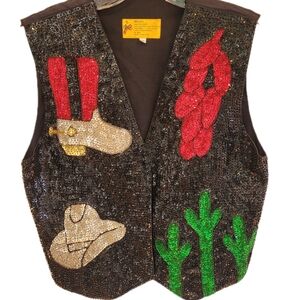 VTG JC Handmade Sequin Western Vest Cowboy Boots,Hat,Cactus,Pepper Size Womens M